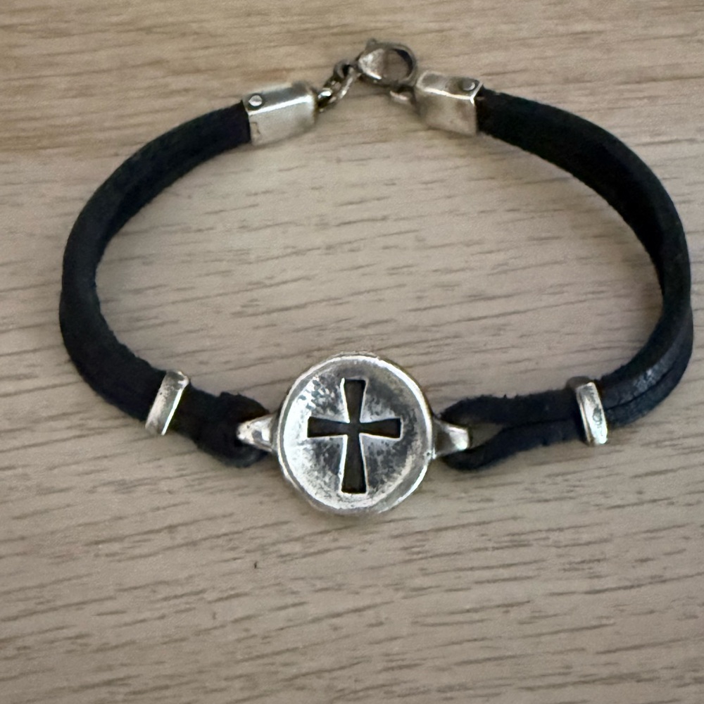 James Avery Retired Black Leather Bracelet with Silver Cross